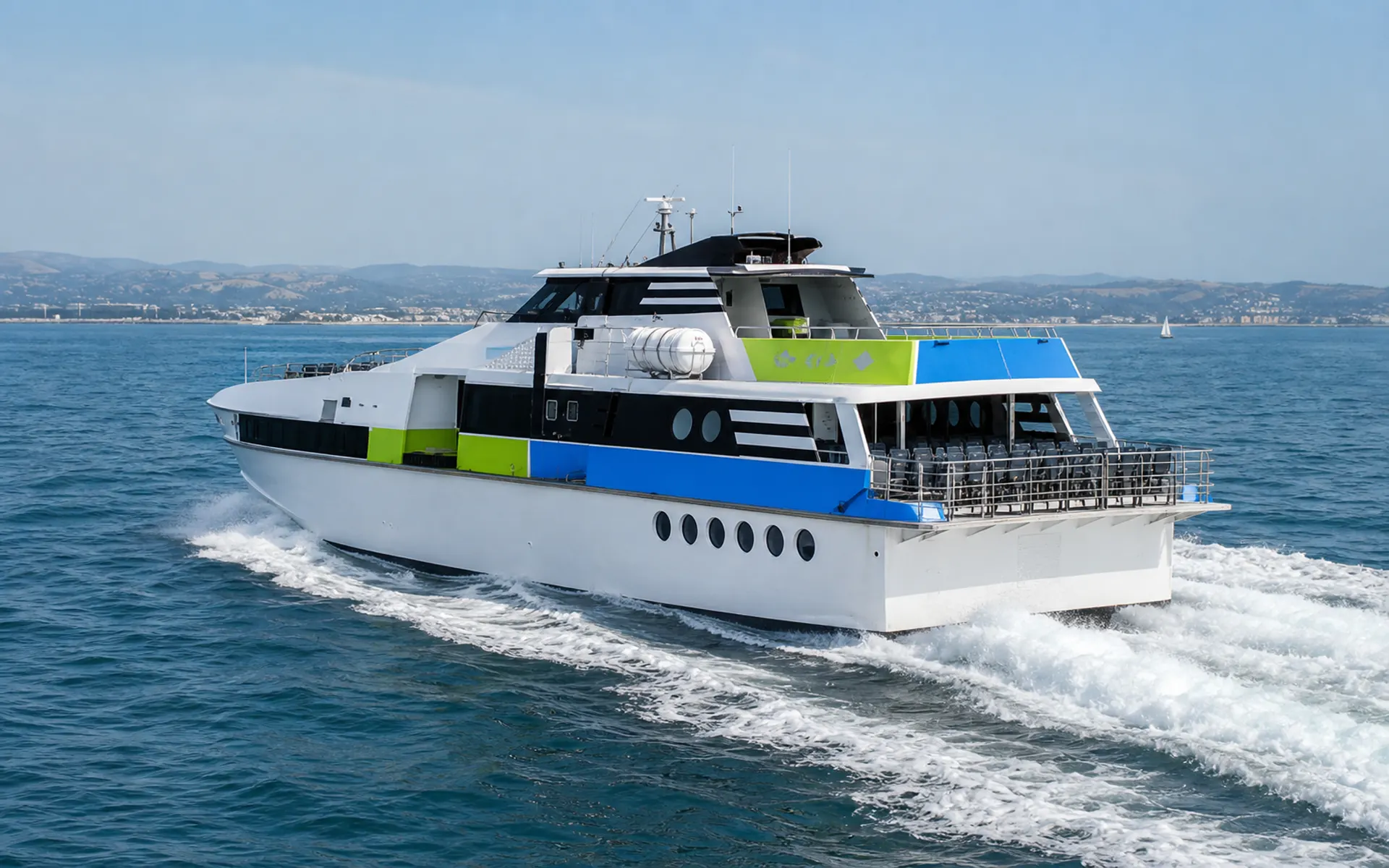 Sea Keepers ferry stern view with sea wake